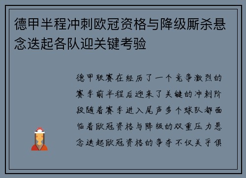 德甲半程冲刺欧冠资格与降级厮杀悬念迭起各队迎关键考验