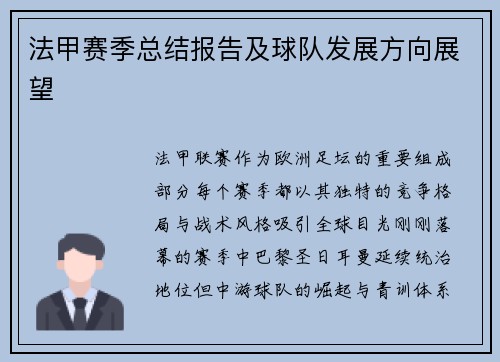 法甲赛季总结报告及球队发展方向展望