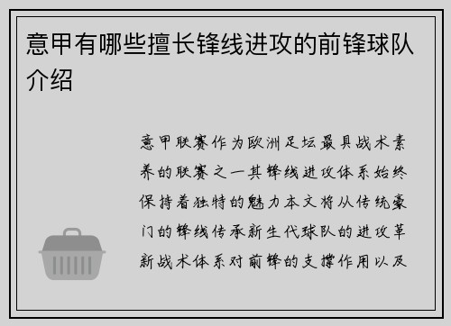 意甲有哪些擅长锋线进攻的前锋球队介绍